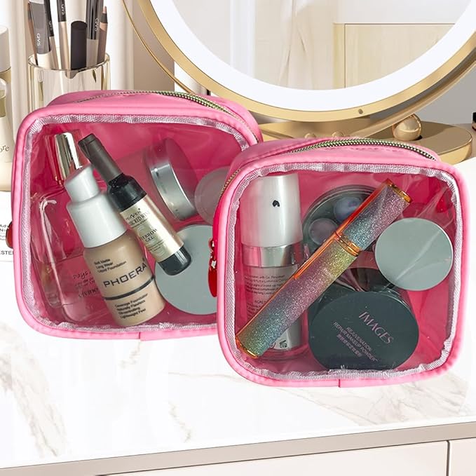 2PCS Pink clear Cosmetic Pouch Travel Cosmetic Case 5x5x2 inch Small Transparent Toiletry Pouch with Zipper Portabble Makeup Organizer for Women and Essentials