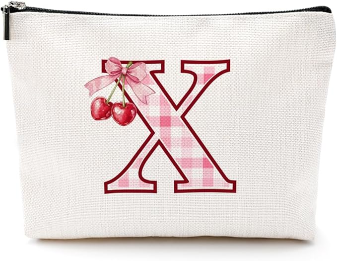 Initial Makeup Bag Monogram Cosmetic Bag Monogrammed Gifts for Women Girls Friends Coworker Teacher Personalized Travel Toiletry Bag Christmas Bridal Shower Wedding Bridesmaid Gifts, Cherry X