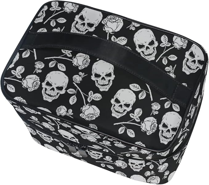 Skull Makeup Bag, Skull Rose Gothic Makeup Organizer Bags Toiletry Bag Box Travel Cosmetic Bag Make Up Train Case for Women Teen Girl Ladies