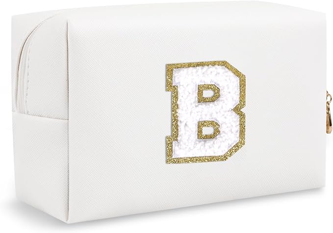 Small Initial Preppy Makeup Bag Organizer, White Cute Chenille Letter Cosmetic Zipper Pouch Toiletry Bags for Traveling, Waterproof PU Makeup Pouch Personalized Gifts for Bride Bridesmaid(Letter B)
