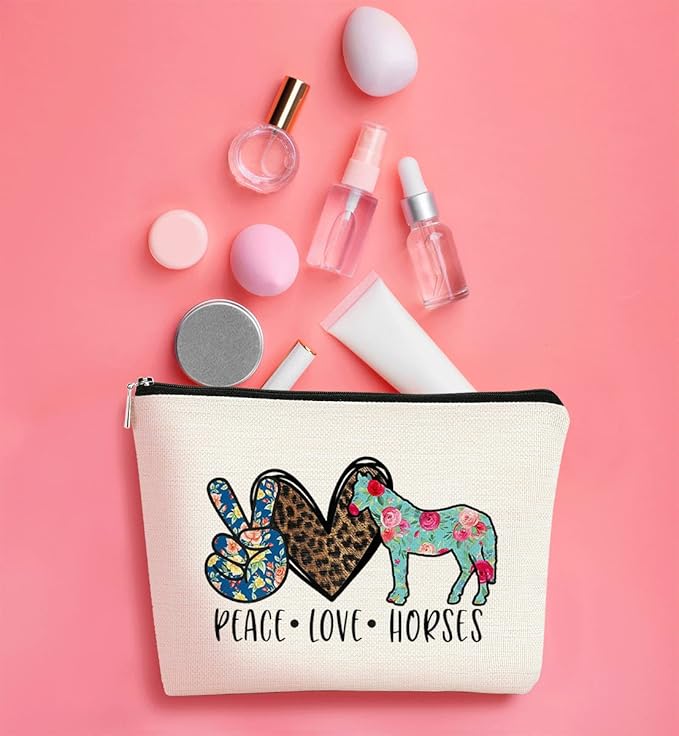 Horse Gifts for Women Horse Makeup Bag,Horse Themed Gifts for Women,Peace Love Horse Leopard Floral Cosmetic Bag Cowgirls Gift,Horse Lovers,Horse Owners Gifts, Christmas Birthday Gift