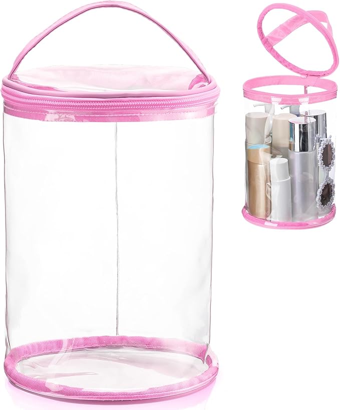 Clear Lotion Bag for Toiletry Cylinder Makeup Bag Heavy Duty Sunscreen Travel Organizer Pouch Waterproof Cosmetic Bag with Handle Zipper Gift for Christmas Beach Pool Airport Women(Pink)