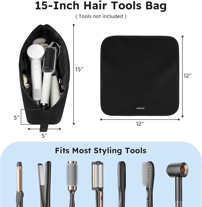 MOKURA Hot Hair Tools Travel Bag with Heat Resistant Mat Removable, Hair Accessories Organizer Case, Women Travel Essentials, Storage Pouch for Curling Iron Straightener Flat Iron Hair Dryer, Black