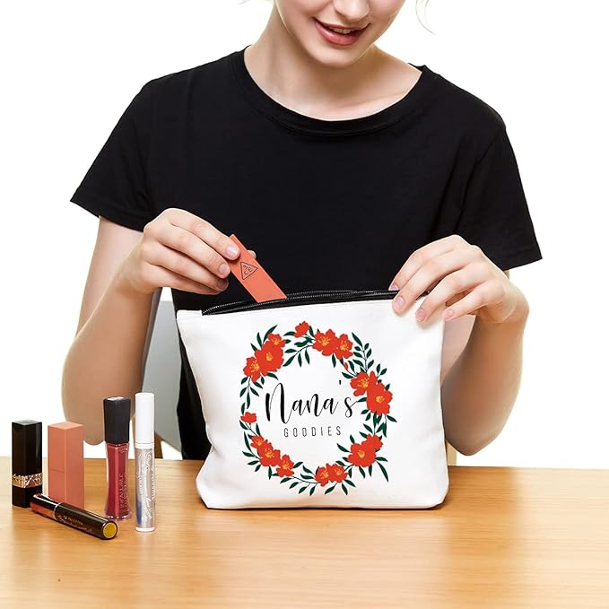 Funny Nana Makeup Zipper Pouch Bag | Floral Nana's Goodies Cosmetic Travel Accessories Bag Make-Up Toiletry Case Pouch Gifts for Mother's Day Christmas Baby Shower