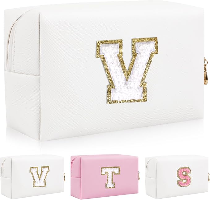 Iqimott,Personalized Initial Letter Patch Makeup Bag, Preppy Portable Chenille Letter Cosmetic Bag with Zipper, PU Leather Travel Toiletry Bag Monogram Make Up Pouch for Women Girls(Letter V)