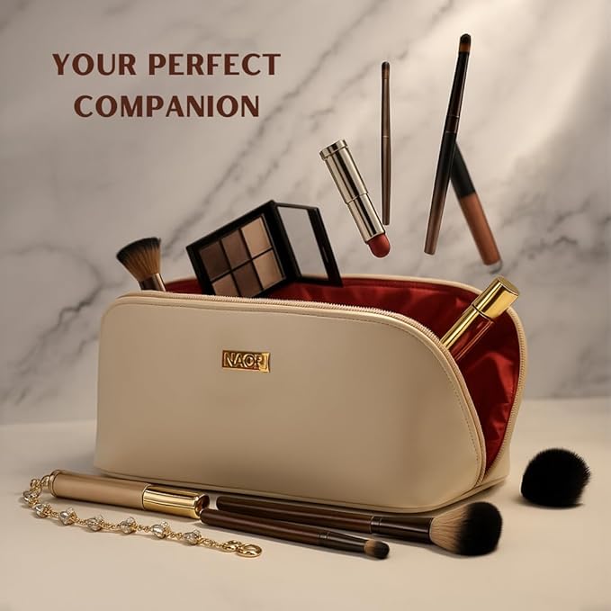 NAORI Travel Makeup Bag for Women | Large Luxury Cosmetic Organizer with Handle & Inner Pockets | Waterproof Leather Toiletry Bag | Makeup Case for Home, Travel & Gifting (Creamy Beige)
