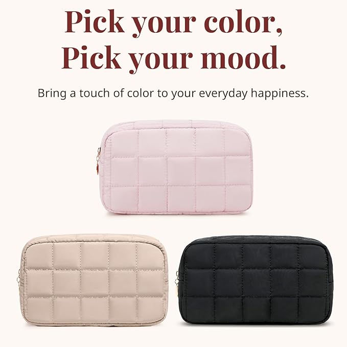 Makeup Bag for Women, Travel Cosmetic Bag Organizer with Compartments, Quilted Puffy Toiletry Pouch for Brushes, Essentials and Accessories, Black