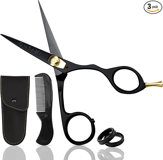 Ontaki Japanese Steel Beard Scissors for Men - 5.5" Ergonomic Black, Right-Handed - Scissors & Comb Travel Set, Beard Grooming Kit with Mustache Comb & Carry Pouch, Blunt-Tip Facial Hair Shears