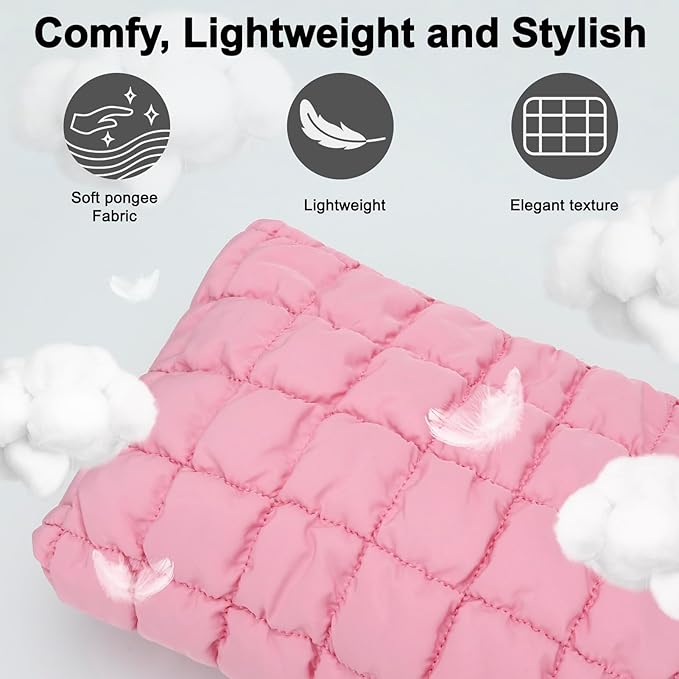 DOB SECHS Puffer Quilted Makeup Bag with Handle, Cute Puffy Cotton Cosmetic Bags for Women, Checkered Quilt Toiletry Zipper Pouch, Travel Essentials Storage Organizer Large Clutch Pouches Case, Pink