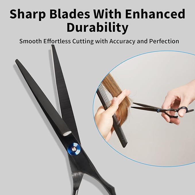 Hair Cutting Scissors,6.5 Inch Professional Stainless Steel Barber Haircut Shears Razor,Sharp Blades,One Comb Included, For Salon Home Men Women Adults Kids Pet (Black)