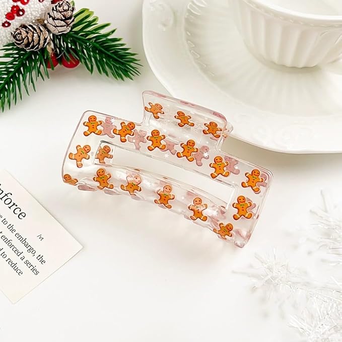 Christmas Hair Clip, Christmas Cute Gingerbread Man Claw Clips, Rectangular Large Hair Claw Clips for Thick/Thin Hair, Xmas Brown Gingerbread Design Medium Hairpin, Hair Accessories for Xmas