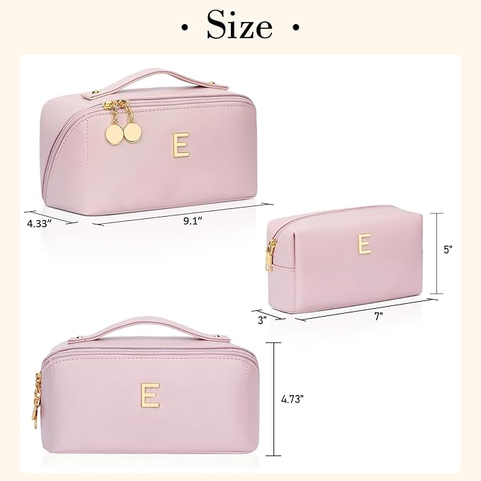 Birthday Gifts for Women Teen Girl, Personalized Initial Makeup Organizer Bag Set, Open Flat Travel Cosmetic Bag With Clear Divider and Handle(Pink,E)