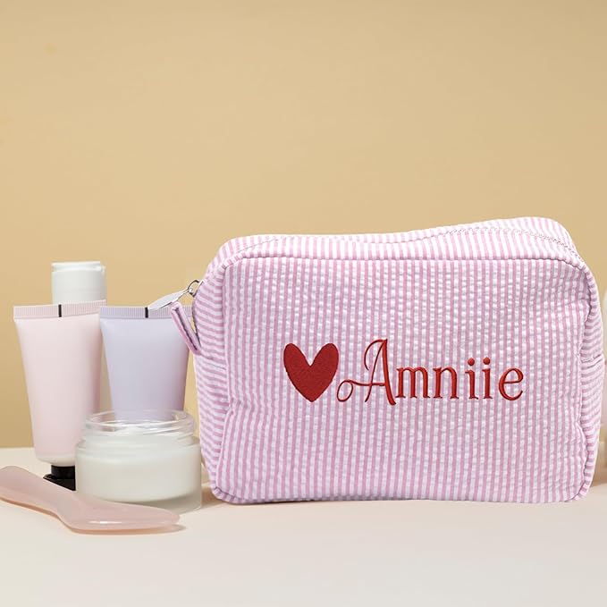 Custom Makeup Bag Personalized Cosmetic Bag Cute Seersucker Travel Toiletry Bag for Women Embroidered Bag Organizer for Bride Makeup Bag Gift Darkblue
