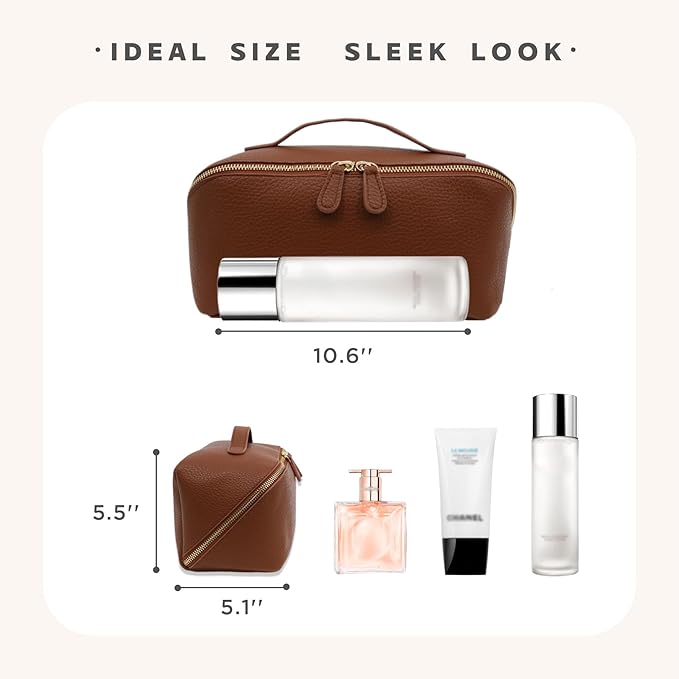 Travel Makeup Bag – Large Cosmetic Organizer with Waterproof PU Leather, Smooth Double Zipper & Tear-Resistant Lining, Toiletry Pouch for Women (Brown)