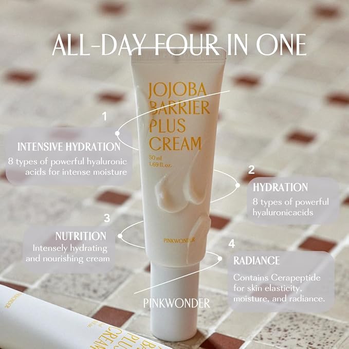 PINKWONDER Jojoba Barrier Plus Cream 1.69oz(50ml), 24HR Long Lasting Moisturizier Face Cream, Jojoba Oil and Hyaluronic Acid for Dry Skin, Korean Skin Care