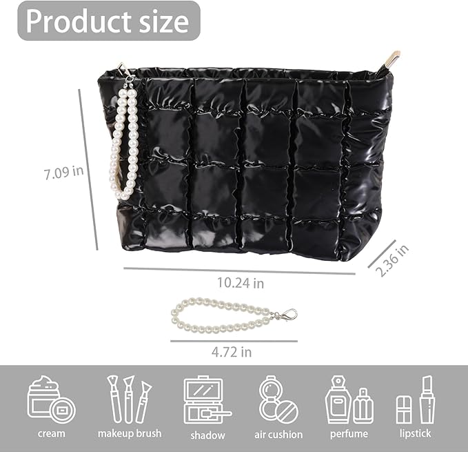 Puffer Quilted Makeup Bag Travel Cosmetic Bag Portable Puffy Checkered Toiletry Pouch Skincare Organizer Purse Pencil Case (Black)