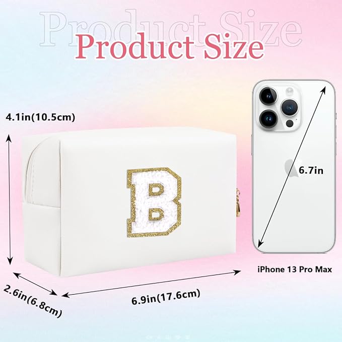 Small Personalized Letter Makeup Bag, Cute PU Leather Chenille Letters Cosmetic Bag Travel Makeup Pouch, Preppy Travel Organizer Zipper Pouch for Women&Girls（White-B）