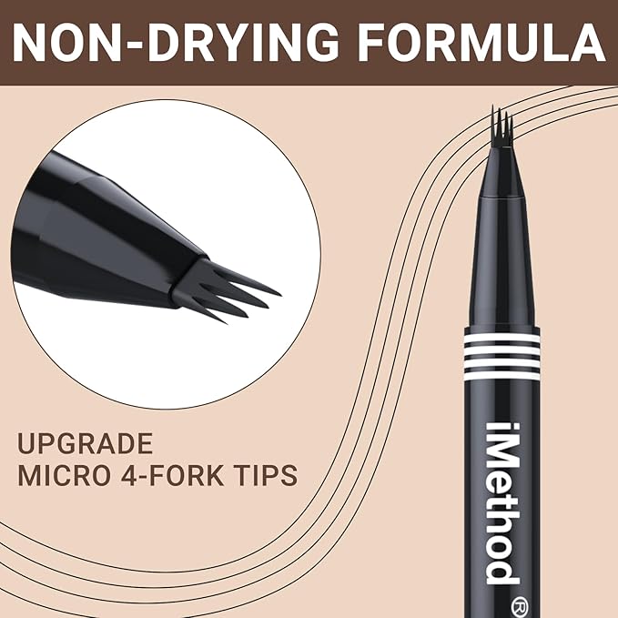 iMethod eyebrow pen - Microblading eyebrow pen, eyebrow pencil with a Micro 4-Fork Tip for Natural Hair-Like Brows, Long-Lasting Eye Brow Pencils for Women, Waterproof, Dark Brown