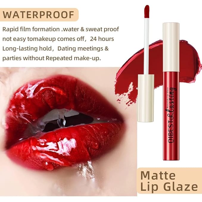 QiBest 12Pcs Matte Liquid Lipstick Set for Girls & Women, 24 Hours Long Lasting Waterproof Nude & Dark Red Lip Gloss Makeup Gift Kits, Velvet Non-Stick Cup Mate Duracion 24 Horas Originales Lip Stains