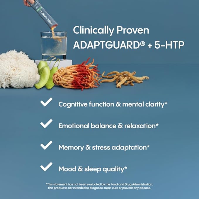 Hydralyte Brain Support - Memory & Focus | Electrolytes + Organic Lions Mane, Reishi, Cordyceps & 5-HTP | Adaptogen Drink Mix with Mushroom Powder | Support Focus and Mood (30 Pack, Mango Punch)
