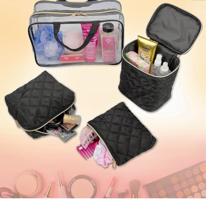 4-Piece Quilted Makeup Bag Gift Set, with Clear Cosmetic Travel Case, Water Resistant, Gold Zippers, Black