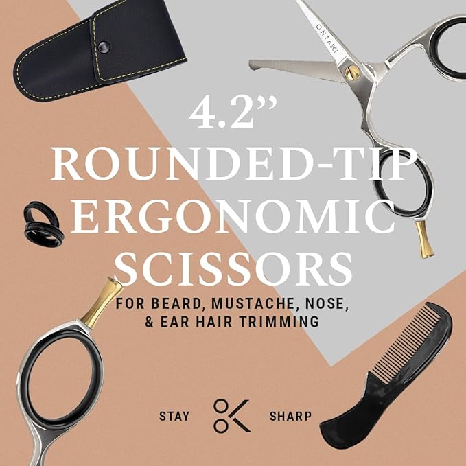 Ontaki 4.2" Japanese Steel Rounded-Tip Beard & Mustache Scissors - Silver - Precision 420C Steel Round-Tip Beard Shears - Safe Blunt Edges for Nose Hair Trimmer for Men - Versatile Eyebrow Scissors