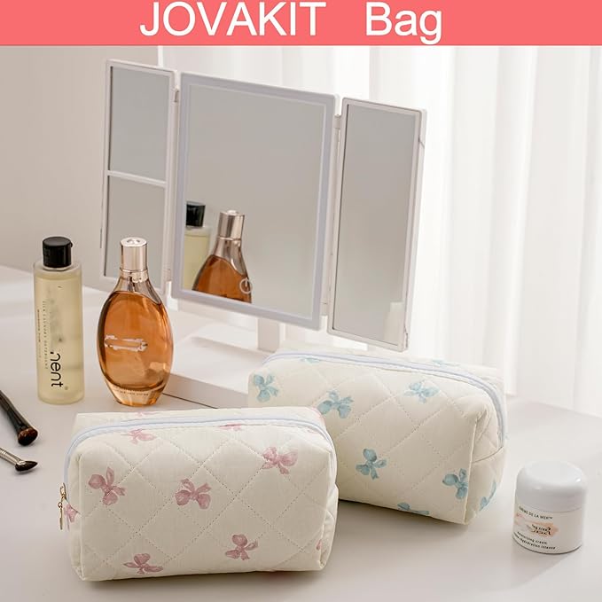 JOVAKIT Square Makeup Bag Cute Cosmetic Bag for Women, Floral Coquette Aesthetic Toiletry Bag, Zipper Make Up Pouch, Travel Make Up Organizer Bag (Pink Bow Tie)