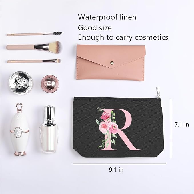 A-Z Personalized Cosmetic Bag Monogrammed Makeup Bags Bridesmaid Gifts Custom Toiletry Pouch Gifts for Women Mom Best Friend Sister Bride Bridesmaid (R)