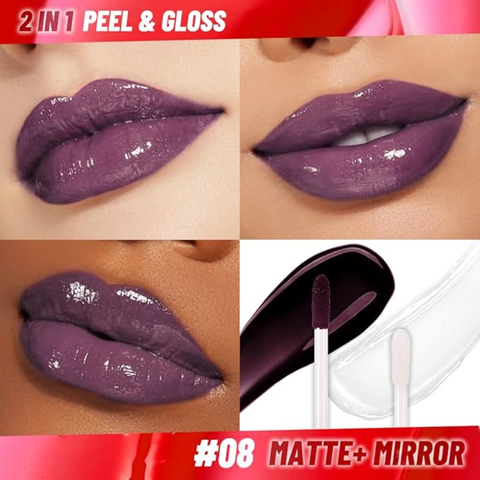Dark Purple Lip Stain Peel off Lip Oil Dual Ended Combo Set, 2 in 1 Lips Liner Stain Oil Peel off Long Lasting Waterproof, High Pigmented Flawless Lips Tint Stick Not Faded Vegan & Cruelty-free 08#