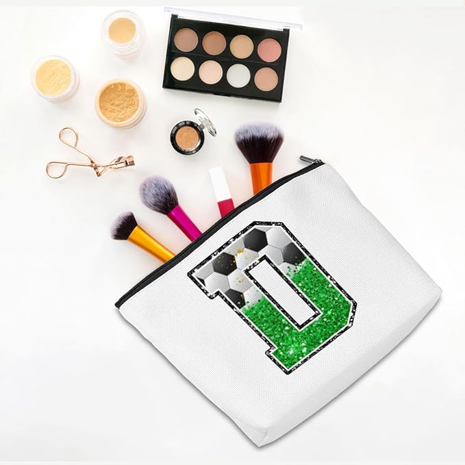 Soccer Gifts Initial Makeup Bag Monogrammed Cosmetic Bag Letter D Zipper Pouch Soccer Accessories for Girls Women Soccers Player Coach Friend Soccers Stuff Graduation Birthday Gifts