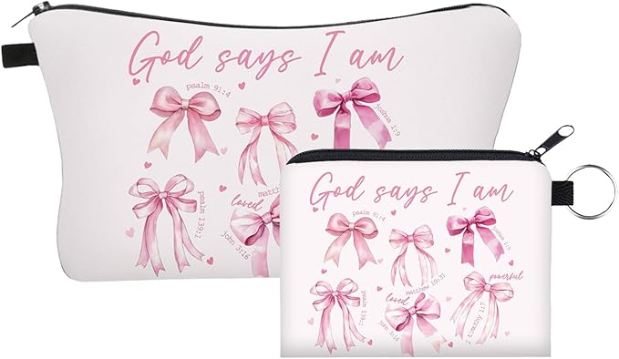 God Says I Am Makeup Bag Set of 2, Christian Bible Verse Bow Cosmetic Bag, Religious Gift for Women, Inspirational Toiletry Pouch for Travel, Birthday, Church, Faith-Based Gifts