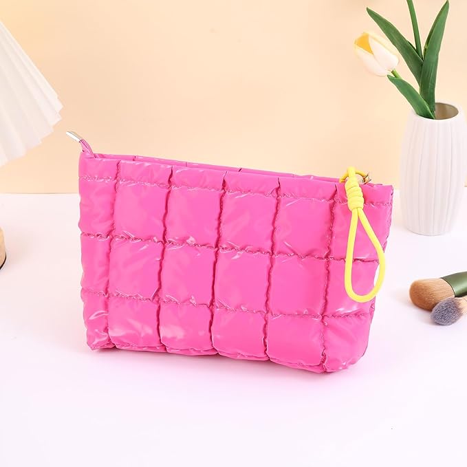 Puffer Quilted Makeup Bag Travel Cosmetic Bag Portable Puffy Checkered Toiletry Pouch Skincare Organizer Purse Pencil Case (Hot Pink)