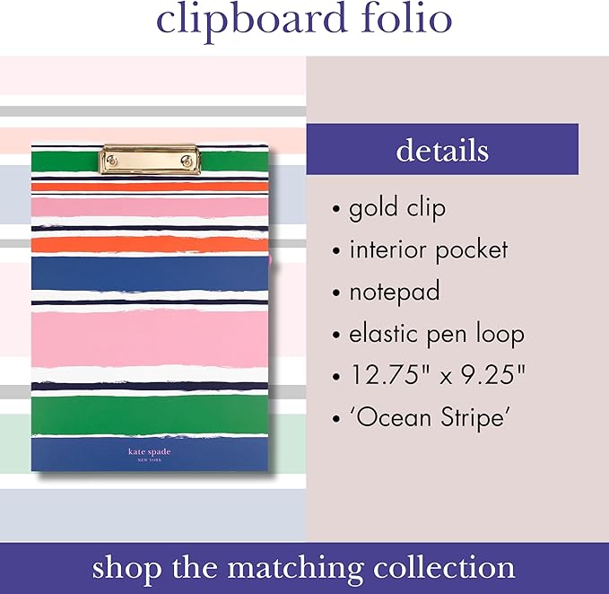 kate spade new york A4 Clipboard Folio with Low Profile Clip, Professional Padfolio Includes Lined Notepad, Pen Loop, and Pocket, Ocean Stripe