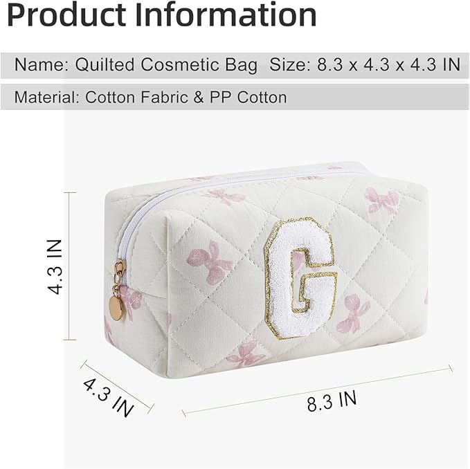 Gleyemor Personalized Initial Makeup Bag for Women, Cute Quilted Pink Floral Cotton Cosmetic Bag, Christmas Gifts for Her Mom Friend Sister Bridesmaid Teacher Women G