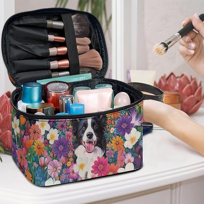 JoyLamoria Collie and Flower Cosmetic Bag Outdoor Travel Makeup Bag Cute Cosmetic Wallet Coin Purse for Teens