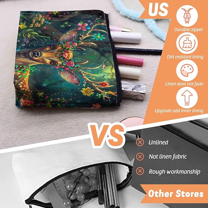 Cosmetic Bags Travel Makeup Toilet Case Waterproof Pouch for Women Girls 6.7X9.45inches - Deer'S Graceful Look With Blooming Antlers