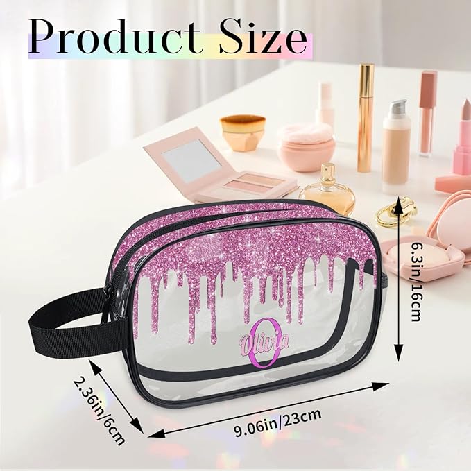 Personalized Transparent Travel Cosmetic Bag Waterproof Makeup Bags, Custom Name Clear Organizer Case Toiletries Container Bag, Orchid Pink Water Fluid Shape Shiny Glitters