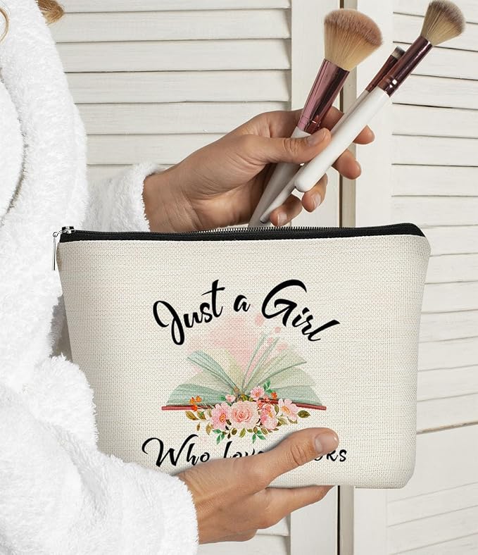 Book Lovers Gifts Small Makeup Bag, Bookish Gifts for Book Lovers for Women Cosmetic Bag, Birthday Gift Ideas for Reader Just A Girl Who Loves Books
