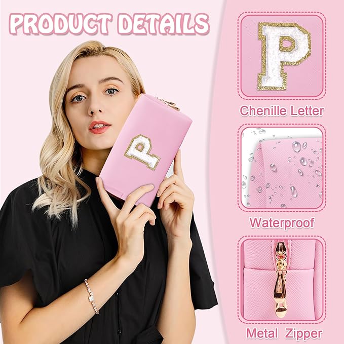 Personalized Initial Preppy Makeup Bag Organizer, Pink Small Travel Cosmetic Bag Monogram Toiletry Zipper Pouch for Women, Portable Waterproof PU Makeup Case for Women Friends Party Gift(Letter P)