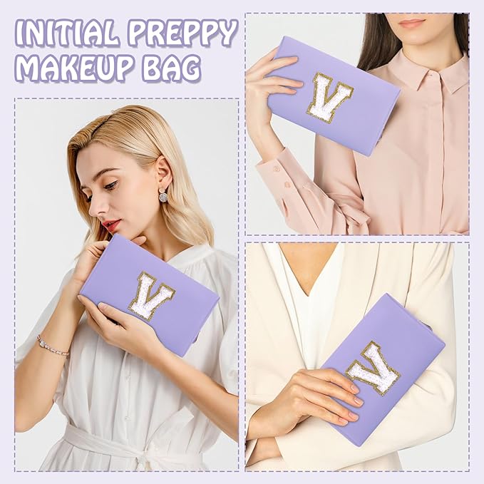 Personalized Initial Preppy Patch Makeup Bag, Cute Purple Cosmetic Organizer Travel Toiletry Zipper Pouch Small Makeup Bag for Purse,PU Leather Make Up Storage Valentines Day Gifts for Women(Letter V)