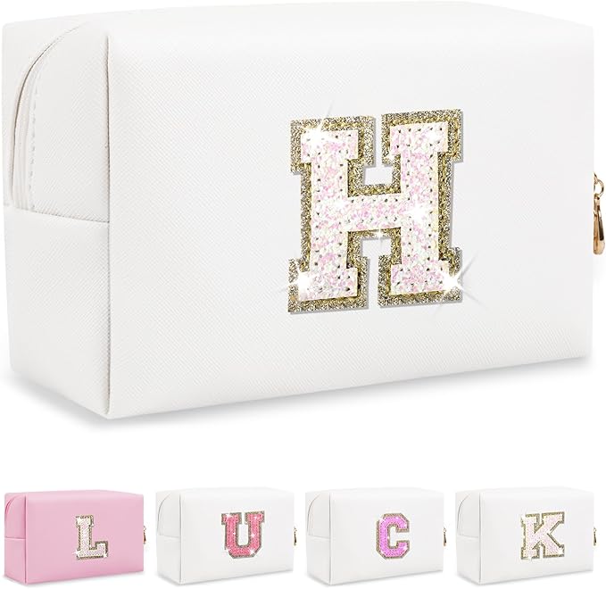 Personalized Initial Letter Makeup Bag, Small Glitter Letter Patch Cosmetic Pouch Zipper, Preppy Makeup Organizer PU Waterproof Travel Toiletry Bag, Monogrammed Birthday Gift for Women Girls