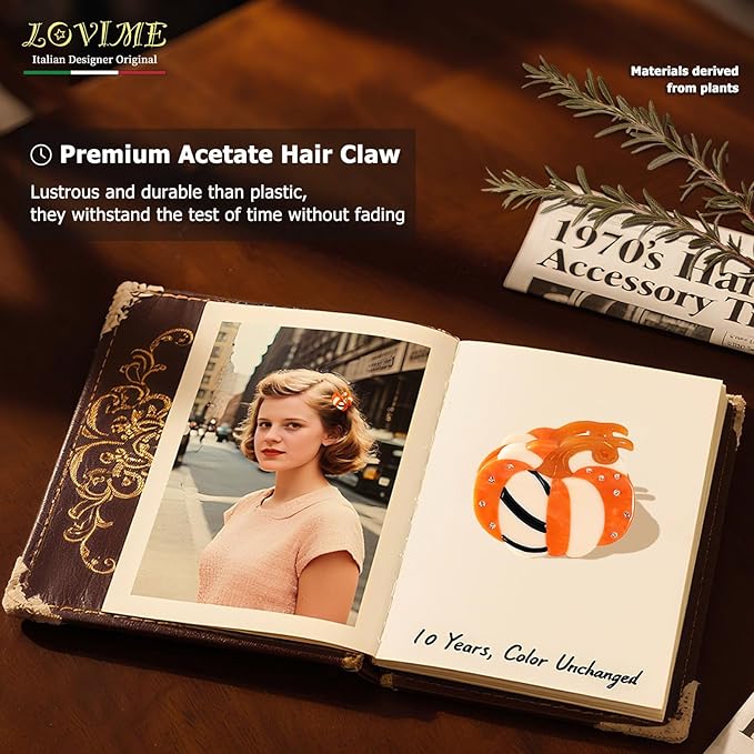 Original Italian Designed Mini Halloween Hair Claw Clips for Women - Orange Pumpkin, Handmade Vintage Cute Fall Halloween Hair Accessories, Plant-Based Acetate, Gift Boxed