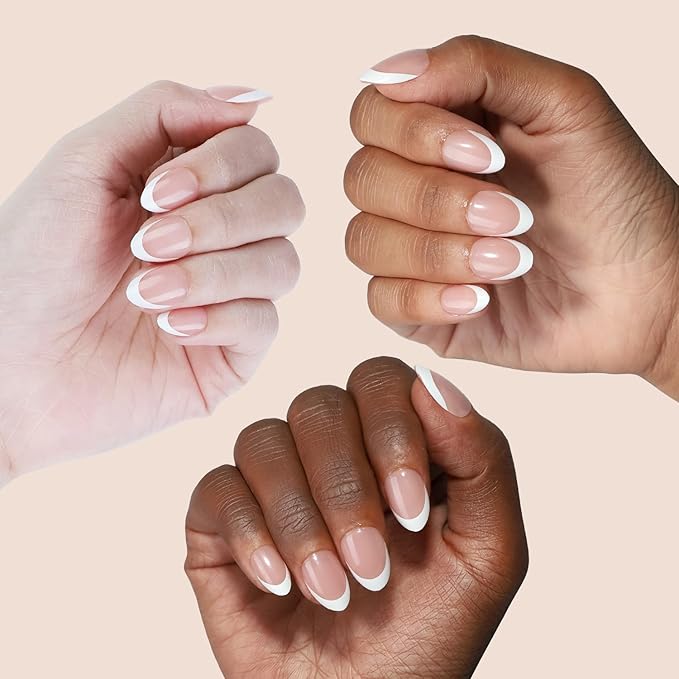 16 size white french tip almond press on nails for women,32 pcs super short petite oval nails with glue and stick ，nude french