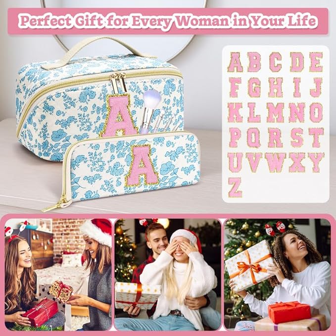Personalized Travel Makeup Bag Set,Initial Travel Cute Floral Makeup Organizer Bag,Toiletry Skincare Cosmetic Bag,Christmas Gifts for Women/Girls,Open Flat Toiletry Pouch with Brush Pocket-Q