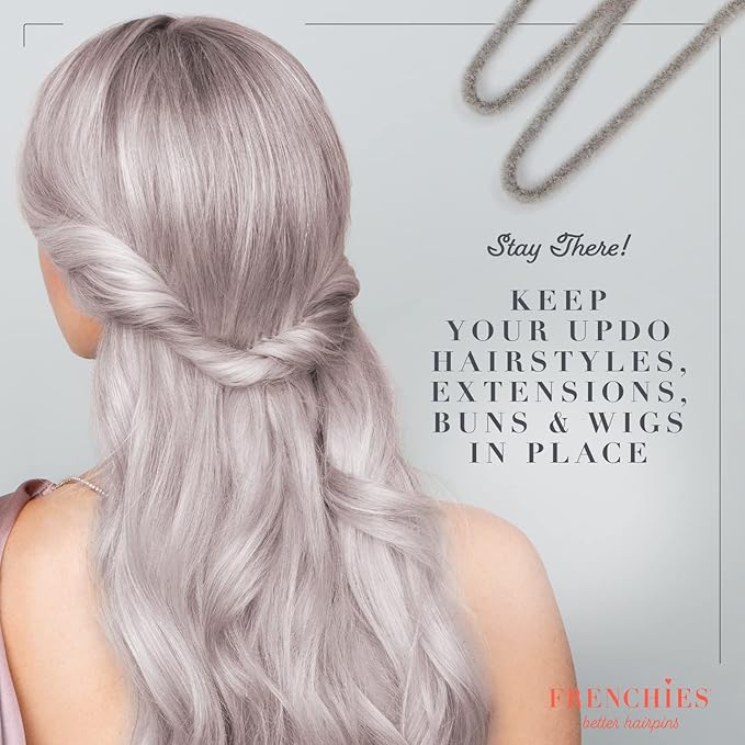 Frenchies French Twist Hair Pin, Ultra Flocked Extra Soft French Hair Pins for Women, Wedding, Updo Extensions, or Wig, 20 Count, Grey