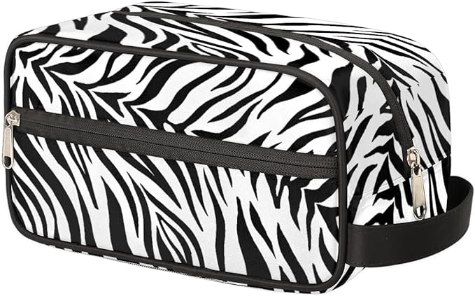 Abstract Black White Zebra Skin Travel Toiletry Bag for Women Men Lightweight Cosmetic Makeup Bag Organizer Waterproof Shaving Bag Dopp Kit with Large Capacity for Toiletries and Shaving Accessories