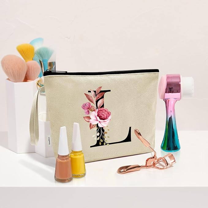 Vavabox A-Z Personalized Makeup Bag, Birthday Gifts for Women Mom, Gifts for Best Friend, Bride Bridesmaid Cosmetic bag (L, Yellow)