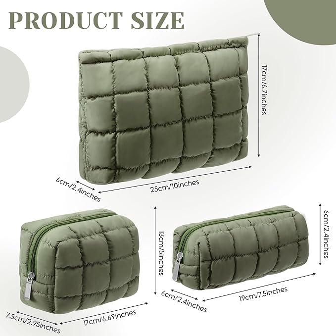 3 Pcs Puffy Makeup Bag Quilted Cosmetic Pouch for Women Cute Checkered Travel Toiletry Bag Puffer Makeup Organizer Purse Pouch Preppy Pencil Case with Zipper(Green)