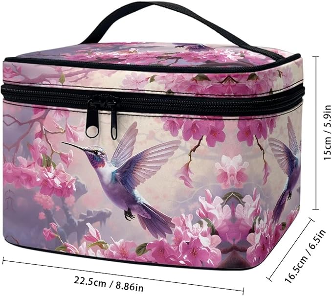 JoyLamoria Cosmetic Bag Toiletry Bag Zipper Closure Makeup Bag Travel Case, Cherry Blossoms Bird