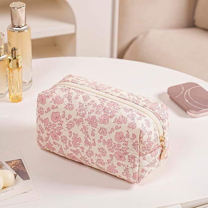 JOVAKIT Square Makeup Bag Cute Cosmetic Bag for Women, Floral Coquette Aesthetic Toiletry Bag, Zipper Make Up Pouch, Travel Make Up Organizer Bag (Light Pink Floral)